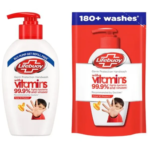 Lifebuoy Total 10+ Handwash - 99.9% Germ Protection, Active Silver 10+ Formula, 190 ml (With Free Refill Pouch 185 ml)