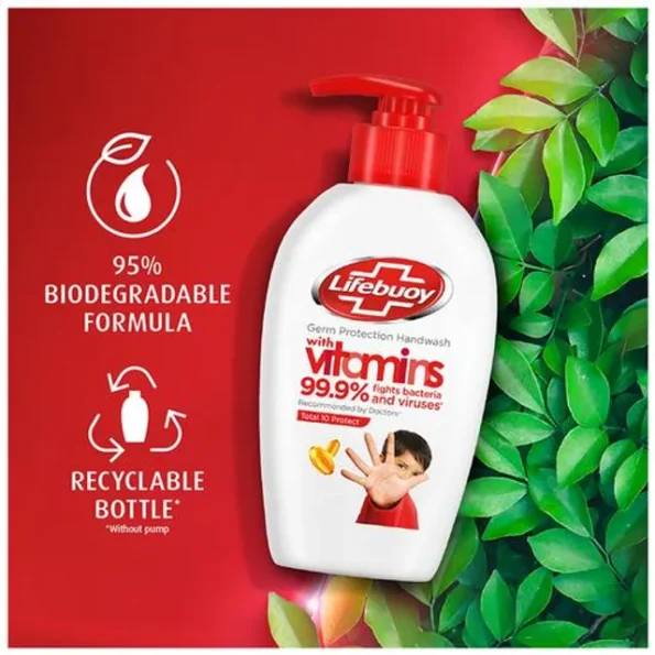 Lifebuoy Total 10+ Handwash - 99.9% Germ Protection, Active Silver 10+ Formula, 190 ml (With Free Refill Pouch 185 ml)