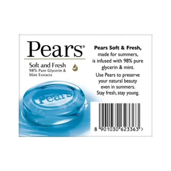 Pears Soft & Fresh Glycerine & Mint Extracts Bathing Bar, 98% Pure, 75 g