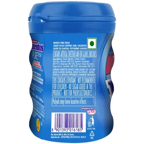 Mentos Pure Fresh Sugarfree Fresh Mint Chewing Gum - With Green Tea Extract 54.6 g Bottle