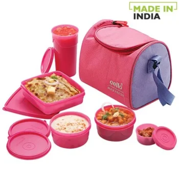 Cello Max Fresh New Sling Plastic Lunch Box/Tiffin Box With Bag - Pink 5 pcs