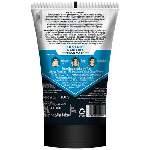 Fair And Handsome Instant Radiance Face Wash, Pro-Peptide, Instant Radiance, Washes Of Fine Pollutants, Cooling Freshness, 100 g