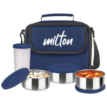 Milton New Steel Combi Lunch Box - Stainless Steel Containers Plastic Tumbler With Jacket, Blue 4 pcs