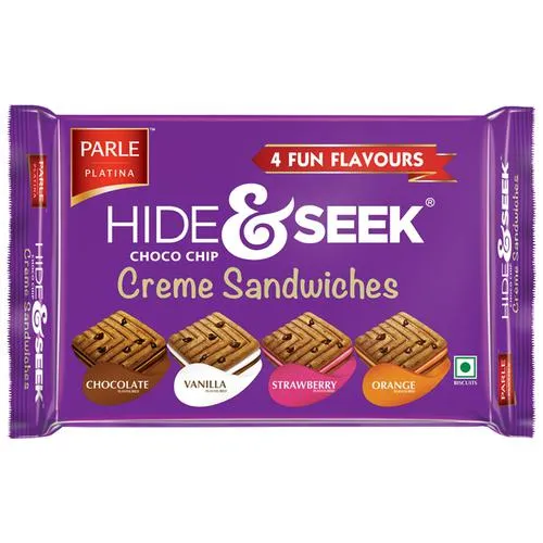 Parle Platina Hide & Seek Choco Chip Creme Sandwiches, Assorted Flavours, Chocolate, Vanilla, Strawberry, Orange, 400 g