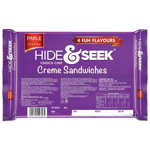 Parle Platina Hide & Seek Choco Chip Creme Sandwiches, Assorted Flavours, Chocolate, Vanilla, Strawberry, Orange, 400 g
