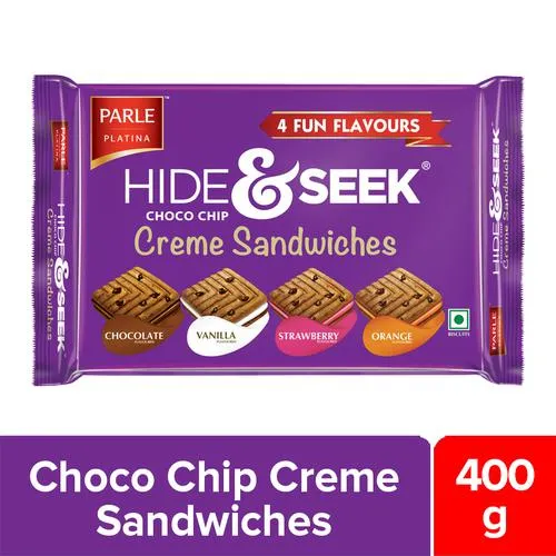 Parle Platina Hide & Seek Choco Chip Creme Sandwiches, Assorted Flavours, Chocolate, Vanilla, Strawberry, Orange, 400 g